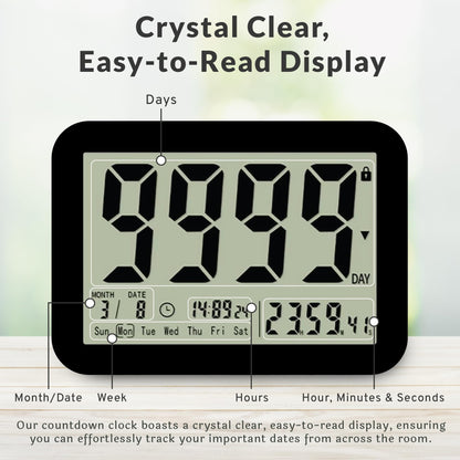 Countables 9999 Days Countdown Clock - Reusable Count Down Timer - Large Display LCD Digital Timer - Visual Countdown Clock and Calendar for Retirement, Wedding, Birthday, Holiday & More (Black)