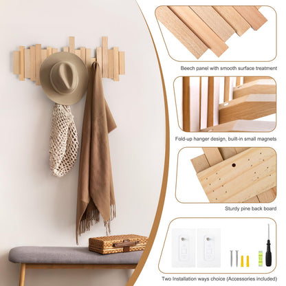 Ufine Wood Wall Mounted Coat Rack with 6 Flip-Down Hooks 16 Inch Wall Hooks for Hanging in Entryway, Bathroom, Home Office