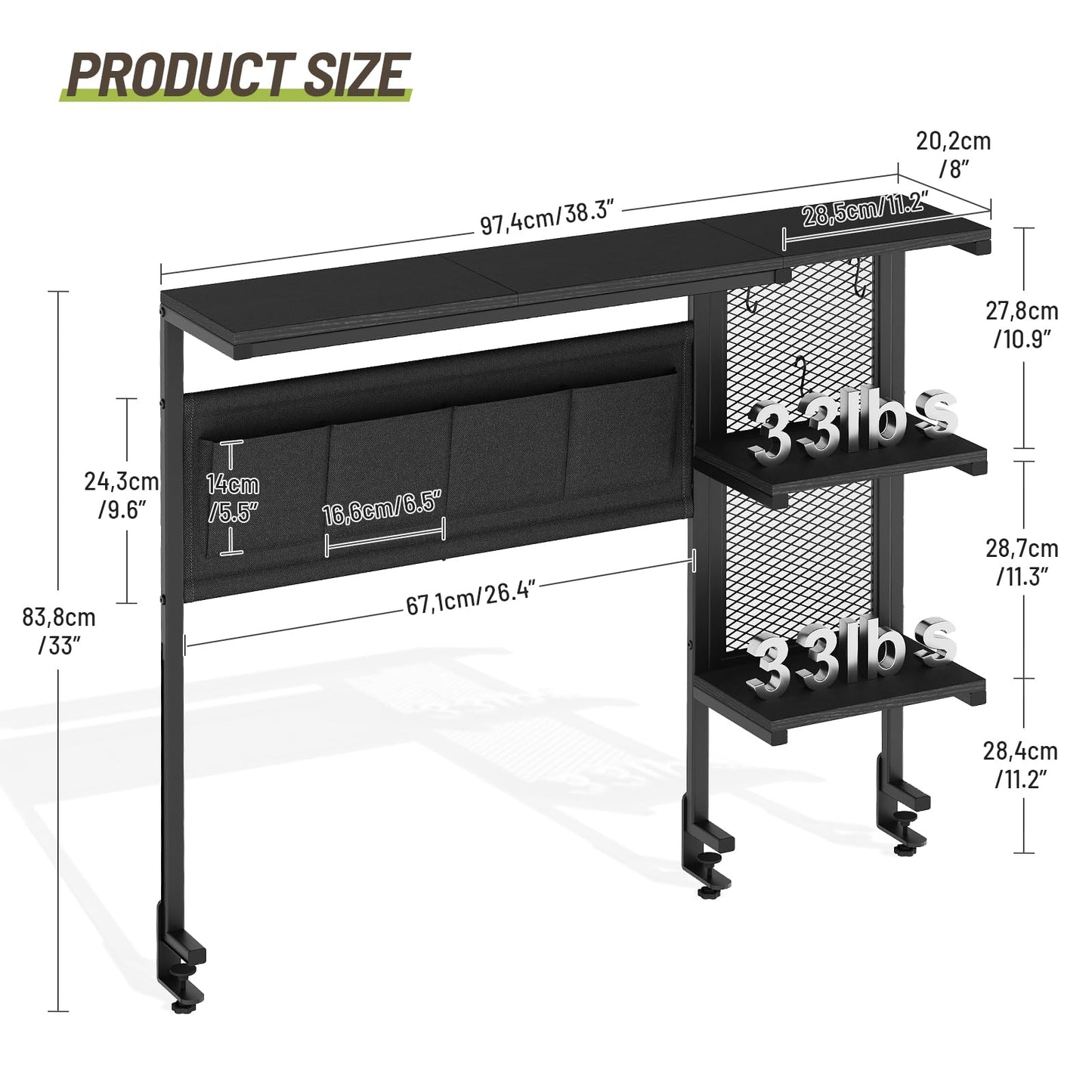STHYTON Clamp On Desk Shelf, 3-Tier Above Desk Extender with Pegboard & Hooks, Metal & Wooden Desktop Bookshelf & Organizer, Tabletop Storage Rack for Office Accessories, 38.3" W x 33" H, Black