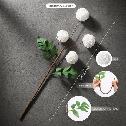 Voqoza 10 Pcs Fake Kiku White Flowers for Vase, Artificial Small Chrysanthemums Balls with Stem Faux Mini Silk Pompon Mums Floral Arrangements DIY Bouquets Wedding Party Table Centerpieces Home Decor.