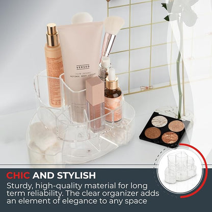 Masirs 360-Degree Rotating Makeup Organizer – Small Acrylic Cosmetic Storage Caddy with 5 Compartments, Mini Lazy Susan Vanity Organizer for Bathroom Counter, Skincare, Perfume, Brushes, Clear