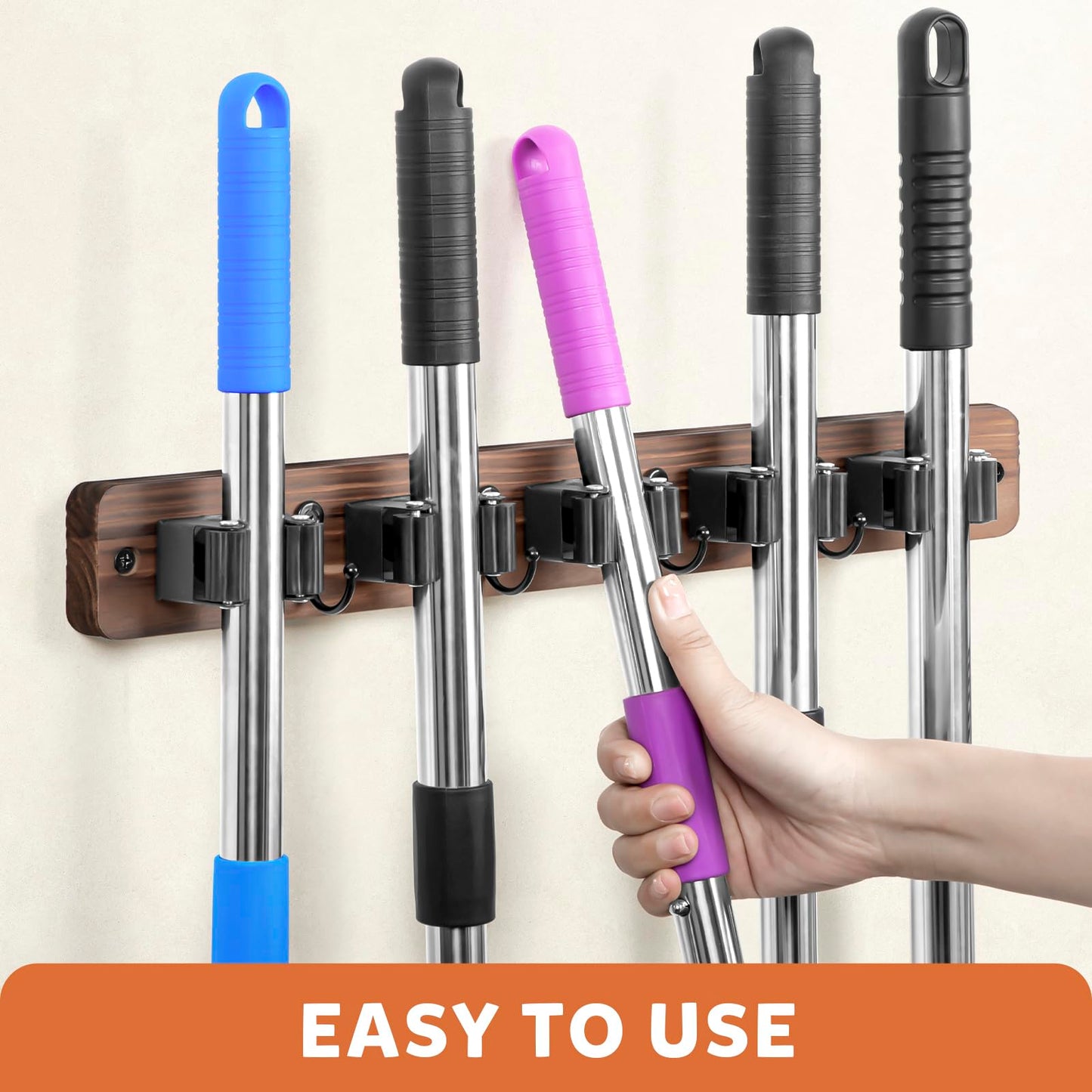 IMILLET Broom Holder Wall Mount, Rustic Wood Broom Hanger with 5 Racks and 4 Hooks, Laundry Room Organization and Storage, Mop Holder for Home Decor, Garden, Garage, Kitchen, Closet