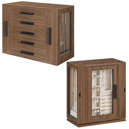 HOOBRO 5-Tier Jewelry Box, Wooden Jewelry Organizer with Transparent Windows and 360° Rotating Jewelry Box, Wooden Jewelry Organizer Bundle, BH19JB04-BH30JB04