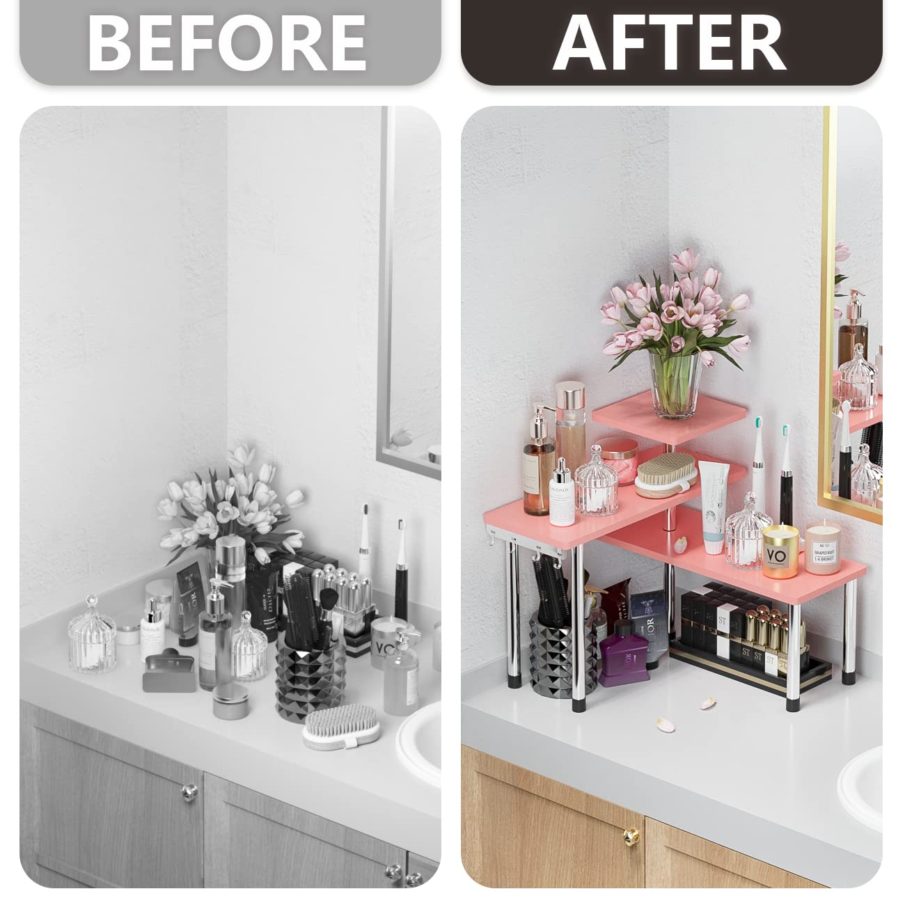 ZHWS Kitchen Countertop Organizer Spice Rack for Salt, Bathroom Counter Organizer Over Sink for Makeup, Skincare, Adjustable 3-Tier Corner Counter Shelf with 4 Hooks for Coffee Bar Dresser Table