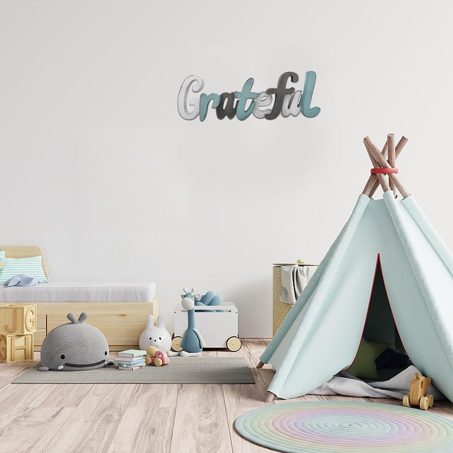 Rustic Wooden Teal Home Sign Decorative Cutout Letters Freestanding Block Word Sign Hanging Ornament Table Shelf Decor (Grateful)