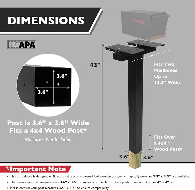 Ilyapa Double Mailbox Post for Outside - 43x4x4 inch Black Metal Dual Mailboxes Post for Outside with Universal Mounting Bracket Plate