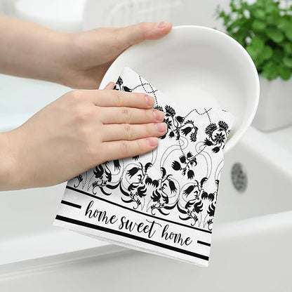 Black Kitchen Towels Decorative Set of 2, Absorbent Boho Floral Dish Towels