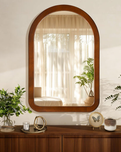 Arched Mirror 24 x 36 Inch,Walnut Brown Wood Rustic Bathroom Tempered Wall Mirror with Wood Frame,Round Corner Arch Farmhouse Wooden Vanity Mirror for Living Room,Entryway or Bedroom