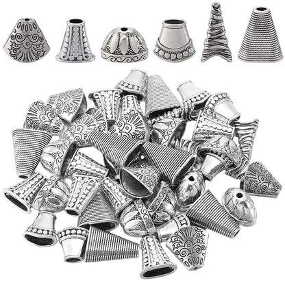 SOFPLATE 48Pcs 6 Styles Cone Bead Caps Spacer Bead Caps Alloy Antique Silver Tibetan Flower Cones Tassel End Beadings Findings for Jewelry Making DIY Bracelet Necklace Earrings Supply Accessories