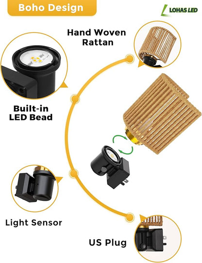 L LOHAS LED Night Lights Plug into Wall, Boho Night Light, 2 Pack, Decorative Bohemian Night Lights, Dimmable 0-100LM, Daylight White, Light Sensor, Vintage NightLight Farmhouse for Bedroom Bathroom