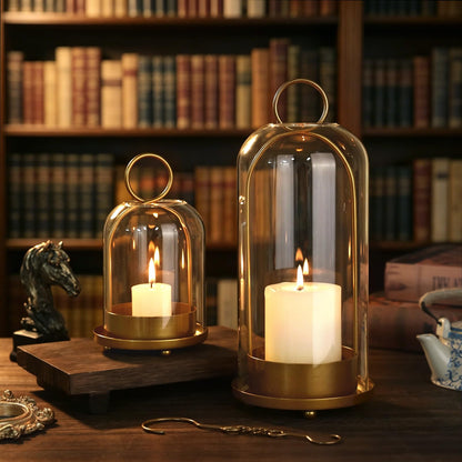 GLUUFLOWER 5"&4" Hurricane Glass Candle Holder Set - Hanging Pillar Candle Lantern with Glass Chimney, Metal Frame for Wedding Centerpieces Dining Table Mantel Holiday Home Decor