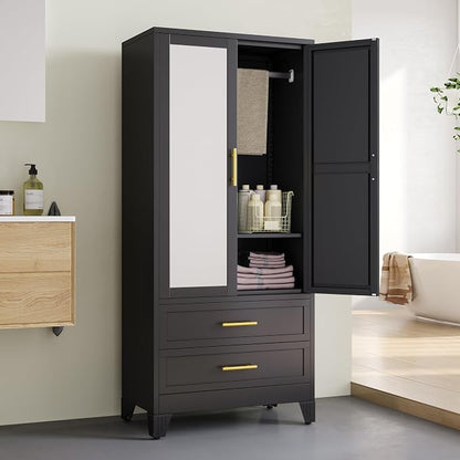 erosoei Metal Armoire Wardrobe Closet, 71 "Metal Clothing Storage Cabinet | with Mirror and Adjustable Shelves, Household Steel Wardrobe Storage Cabinet with 2 Drawers and Hanging Rod(Armoire-Black)