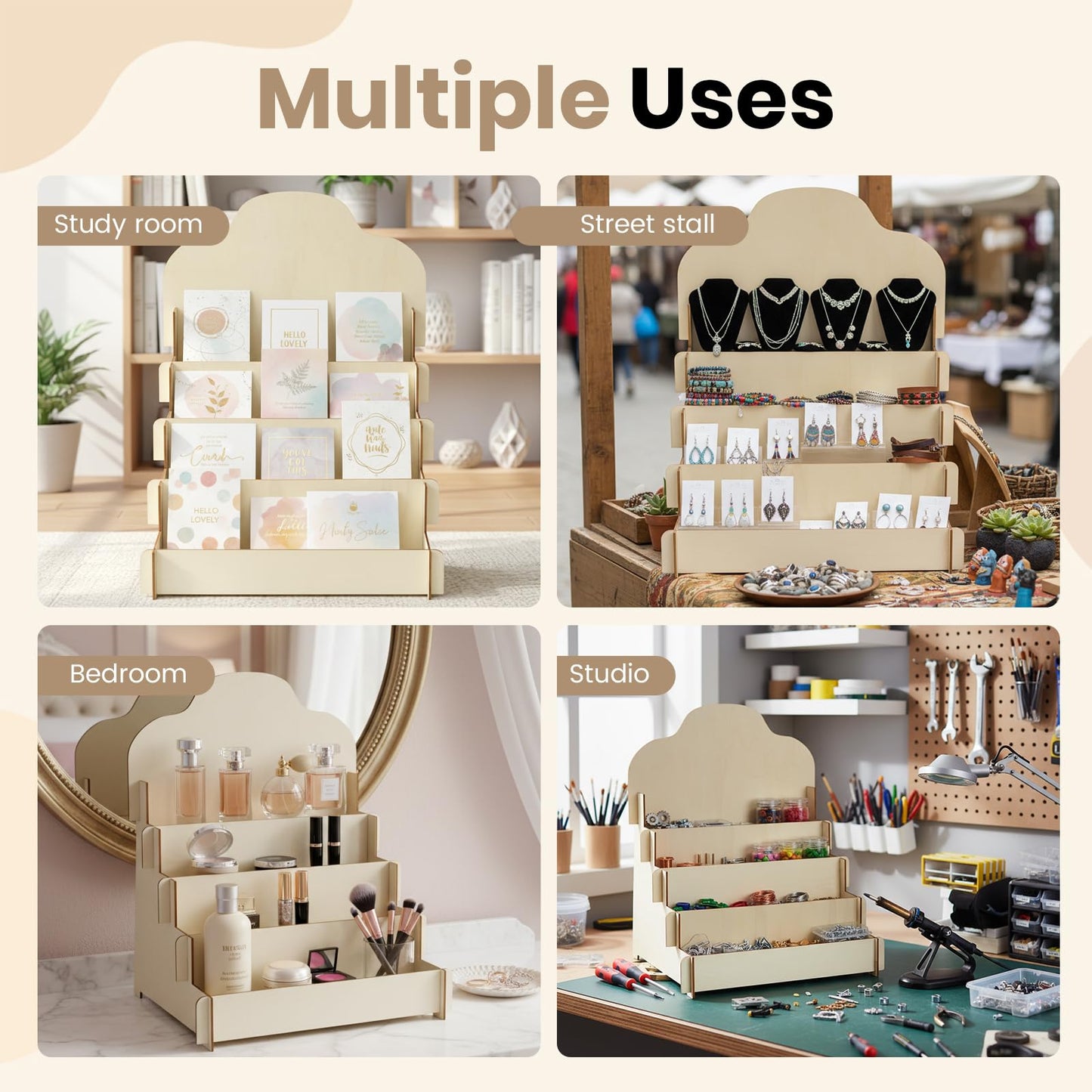 2 Pack 4-Tier Wooden Greeting Card Display Stand, Card Rack for Stickers, Postcards, Photos, Stationery, Small Products, Home Office Decor & Organizer, Lightweight for Vendor Booths, Craft Fairs