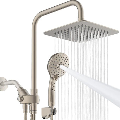 Ryamen Dual Shower Head Combo, 8'' High Pressure Rain Shower Head with Handheld Spray, 6+1 Spray Settings Handheld Showerhead, Height Adjustable, One-touch Pause Button, Brushed Nickel