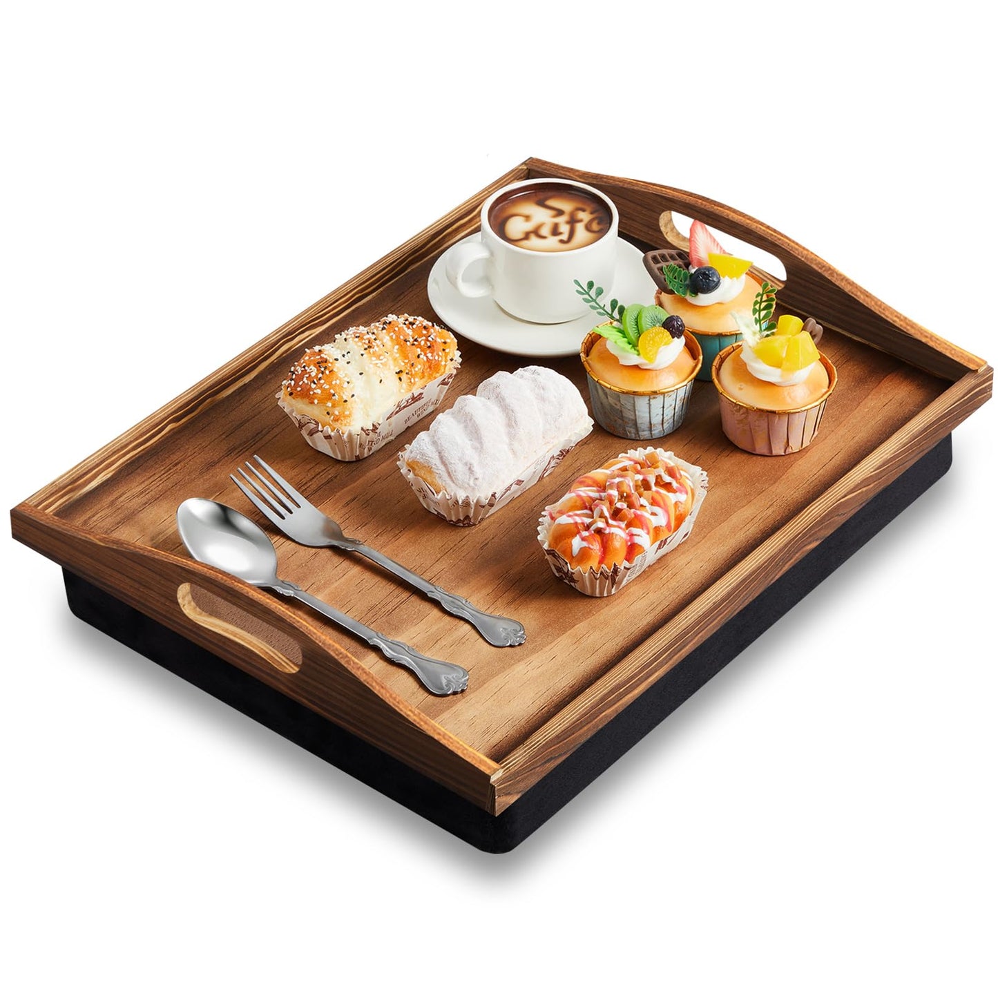 Tioncy 1 Piece Bamboo Lap Tray with Detachable Pillow 16.9'' x 13'' Lap TV Trays Desk with Handles for Adults Eating in Recliner Breakfast Housewarming Gift (Burn Color)