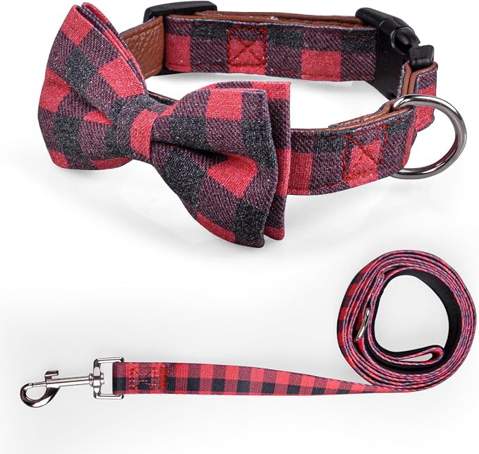 IVY&LANE Dog Collar with Bowtie and Leash Set | Plaid Adjustable Dog Collar | Detachable Bow Tie |5 FT Dog Leash | for Small Medium Large Dogs | Checkered Red | Small