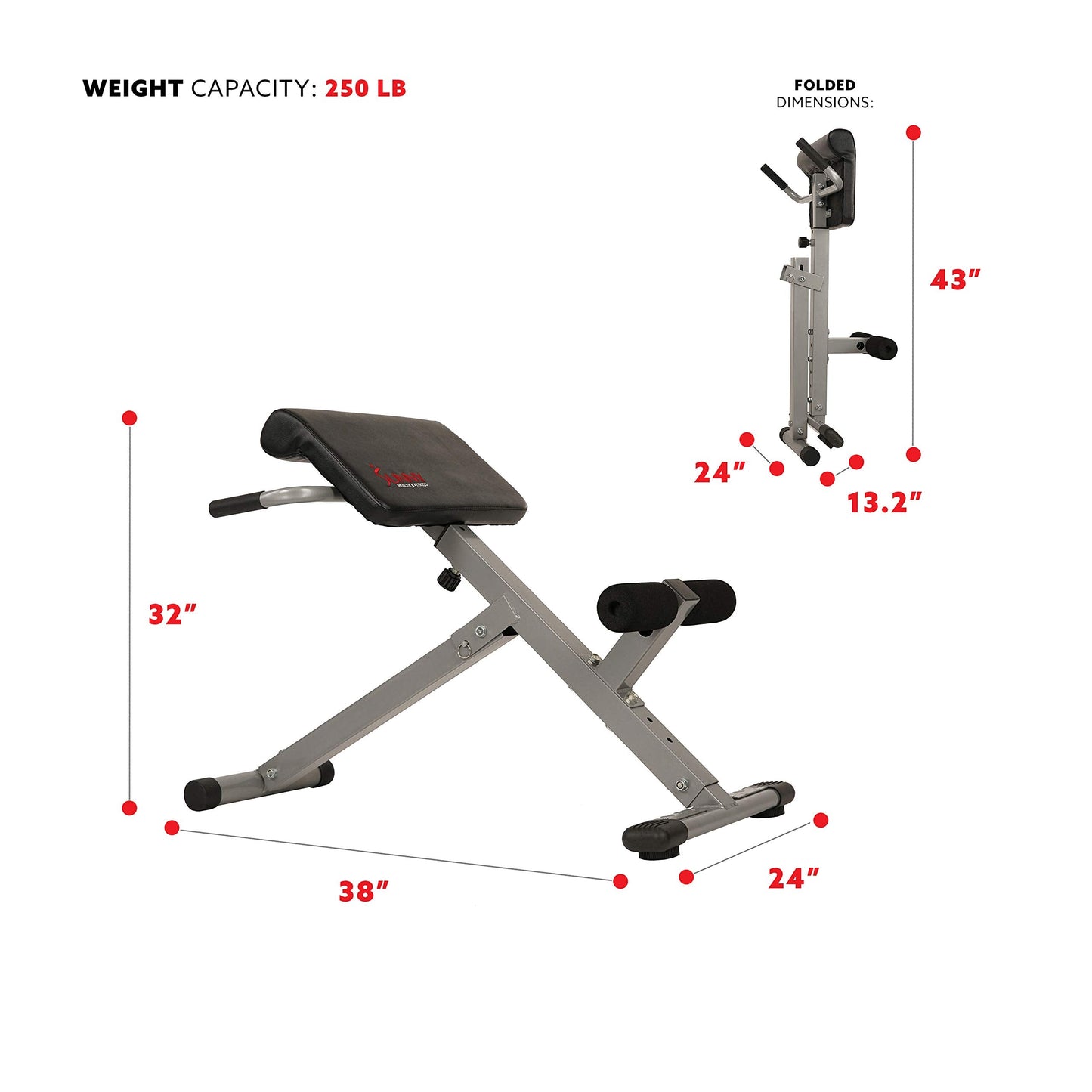 Sunny Health & Fitness Foldable Hyperextension Roman Chair w/Back Extension, Home Gym Sit Up Bench for Glute & Ab Workouts, Optional Adjustment Incline & Multi-Function Heavy-Duty Exercise Equipment