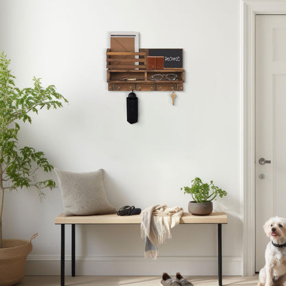 FIPUTE Key Holder for Wall, Wall Mounted Mail Holder Wooden with Shelf & 3 Liquid Chalks & Chalkboard, Mail Sorter Organizer, Rustic Home Decor (15.98”W x 9.1”H x 3.3”D), Burnt Brown