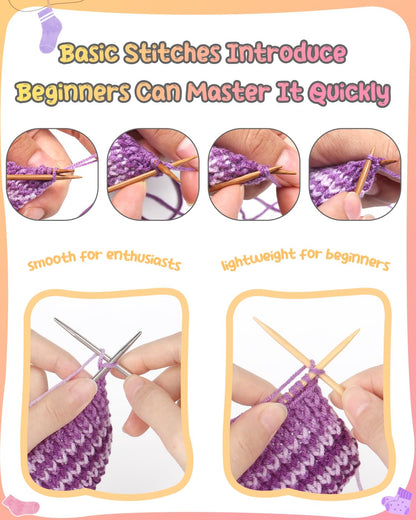 Katech Beginner Knitting Kit for Adults, 4 Pcs Socks Yarn Knitting Kit with Step by Step Instruction and 4 Knitting Needles, Knitting Starter Kit for Learn to Knit Craft Kits Gift