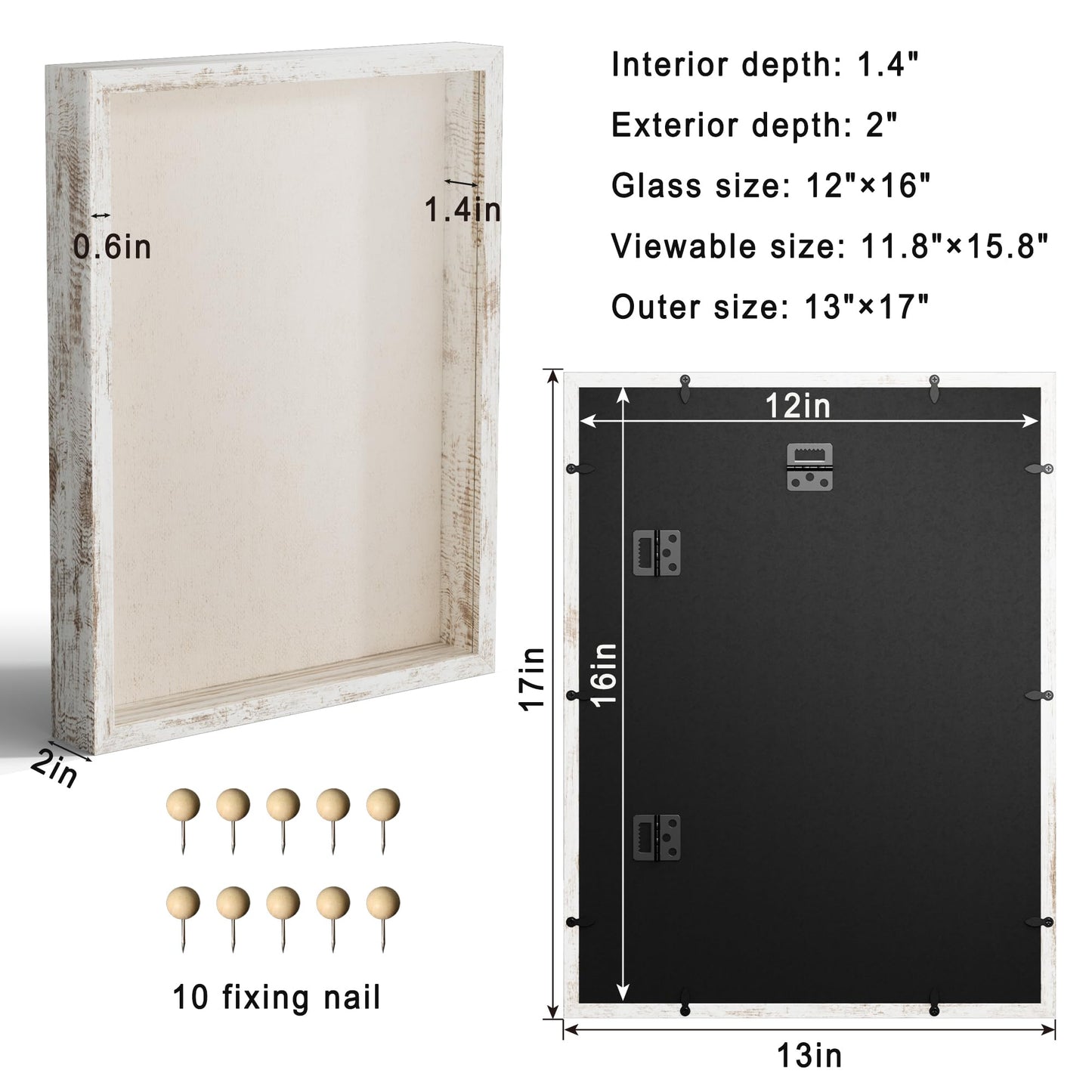 CCDCC 12x16 Large Shadow Box Picture Frame Display Case with Soft Linen Back, Distressed White Wooden Memory Shadow Box Frame with Tempered Glass Cover for Wall Display