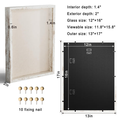 CCDCC 12x16 Large Shadow Box Picture Frame Display Case with Soft Linen Back, Distressed White Wooden Memory Shadow Box Frame with Tempered Glass Cover for Wall Display