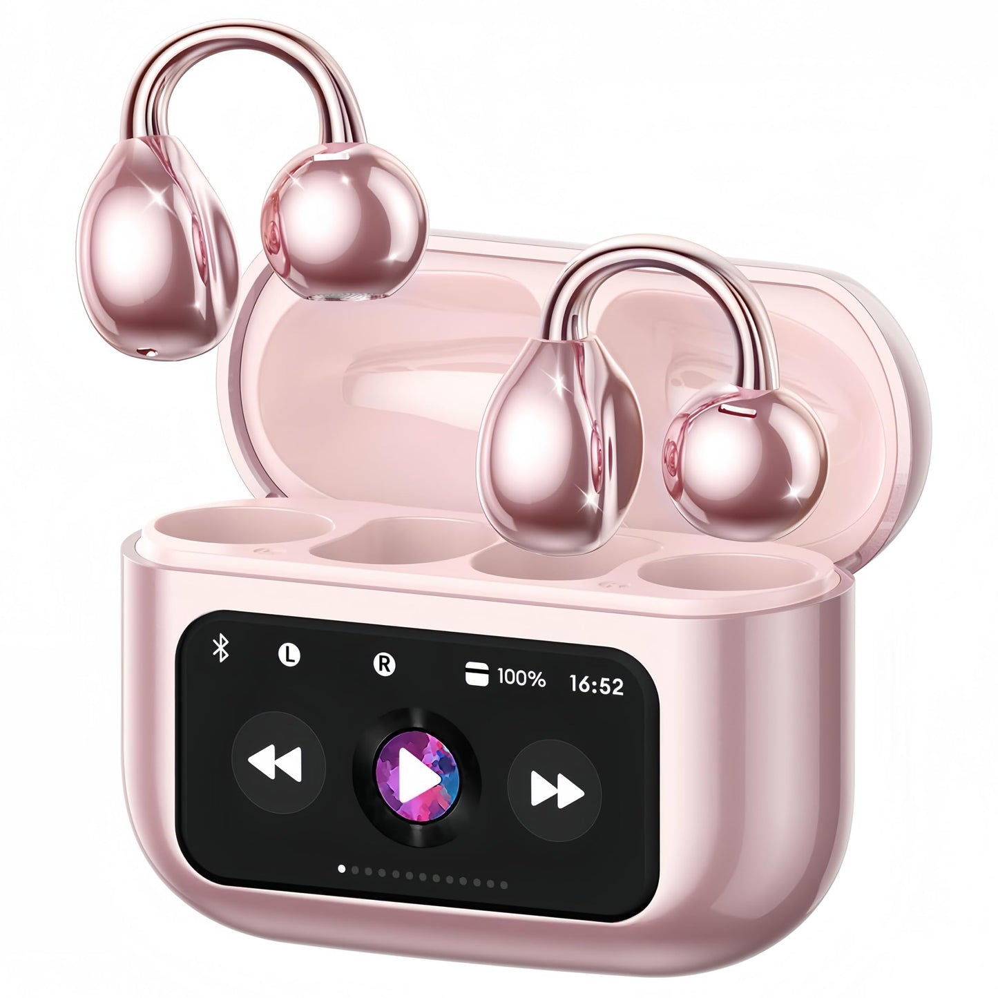 otinsile Open Ear Earbuds,Clip On Earbuds Wireless Bluetooth 6.0 with LCD Touchscreen, Lightweight Comfort Bone Conduction Headphones for Sports, Fitness, and Workouts, Rose Gold