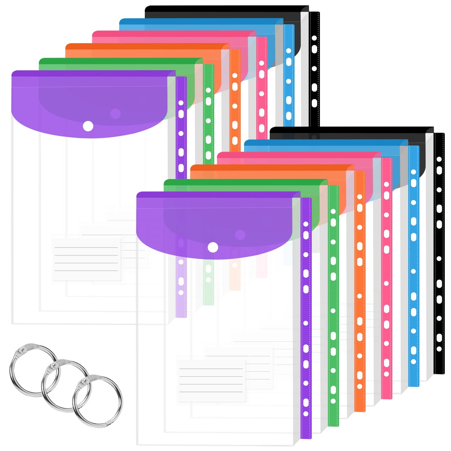 12 Pack Plastic Envelopes Binder Pocket 11 Holes Expandable Binder Folders for 2/3/4 Ring Document Pouch with Snap Button & Label Loose-Leaf Transparent for School Home Office (Vertical-Opening)