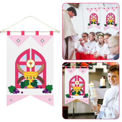 HunnmingRe First Communion Banner Kit for Girls and Boys, 12 x 18 Inches 1st Holy Communion Banner Kits Felt Catholic Gifts for Sunday School DIY Arts and Crafts(Stylish)