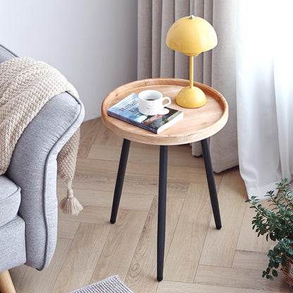 LITA Log Desktop Round Side End Table, Indoor Outdoor Wooden Tray Nightstand Table with Metal Stand for Living Room Bedroom Office Small Spaces (M)