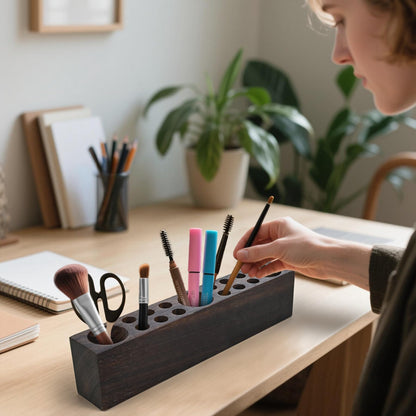 Black Walnut Wooden Pencil Box Wood Pen Holder for Desk Walnut Wooden Office Desk Organizers with 15 Holes for Countertop Pencil Makeup Brush Holder for Table Store Marker Office Supplies