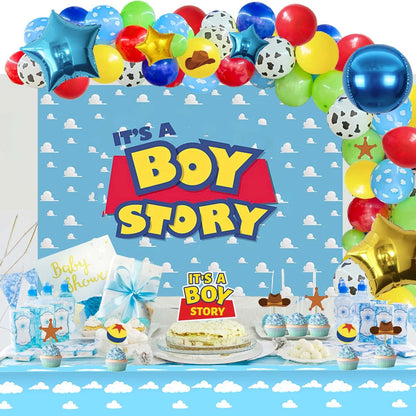 135 PCs Cartoon Toy Baby Shower Decorations, Homond Toy Themed It’s A Boy Story Decorations Backdrop Balloon Garland Arch Banner Box Cutout Tablecloth Cake Cupcake Topper Sash Blue