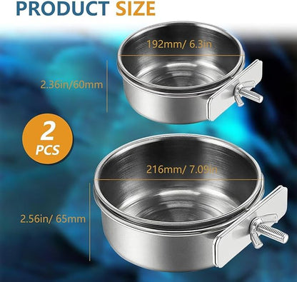 Stainless Steel Bird Feeding Bowls, 2Pcs Small Bird Feeding Cup with Holder, Parrot Food Bowl Cage Water Feeder, Pet Cage Cup Holder for Parrots, Canaries, Hamsters (Dia 7.09", 6.3")
