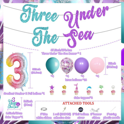 Three Under the Sea Party Decorations, Sea Themed 3rd Birthday Party Decorations Include Number 3 Seashell Confetti Balloons for 3rd Birthday Party Girls' Shell Decor Under the Sea Party Supplies