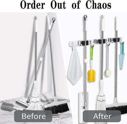 AceMining 5 Racks and 4 Hooks Mop and Broom Holder Wall Mount, Broom Organizer Storage Tool Racks Stainless Steel Heavy Duty Hooks Self Adhesive Solid Non-slip for Home Kitchen Garden Laundry Garage