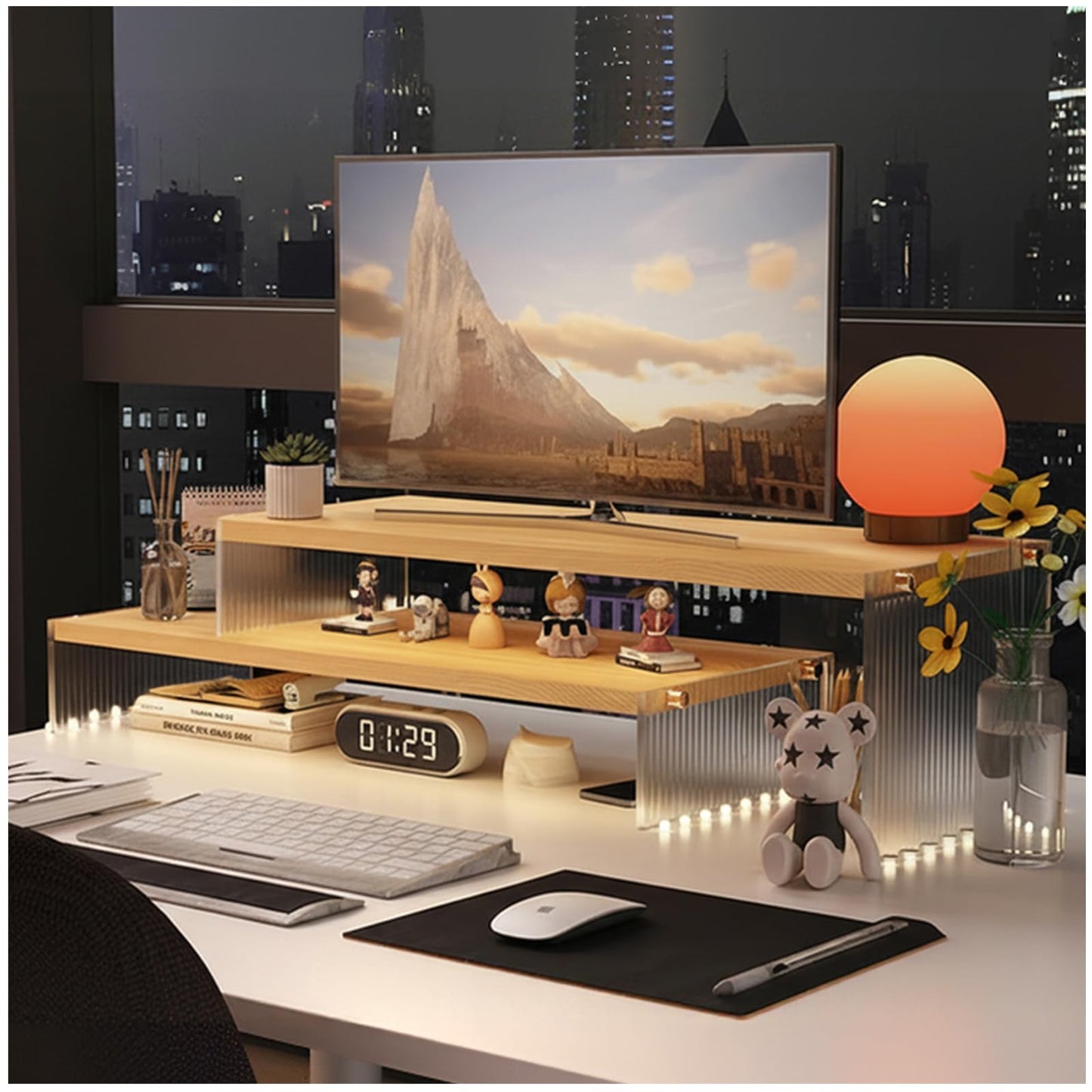 YGYQZ Adjustable Monitor Stand Riser with Acrylic Legs丨19.3" Length Dual Monitor Stand for Desk丨2-Tier Wood Desktop Organizer for Computer, Laptop, Printer & PC丨Modern Aesthetic Desk Shelf(wood-wavy)