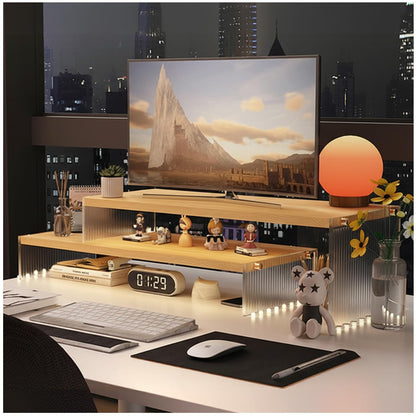 YGYQZ Adjustable Monitor Stand Riser with Acrylic Legs丨19.3" Length Dual Monitor Stand for Desk丨2-Tier Wood Desktop Organizer for Computer, Laptop, Printer & PC丨Modern Aesthetic Desk Shelf(wood-wavy)