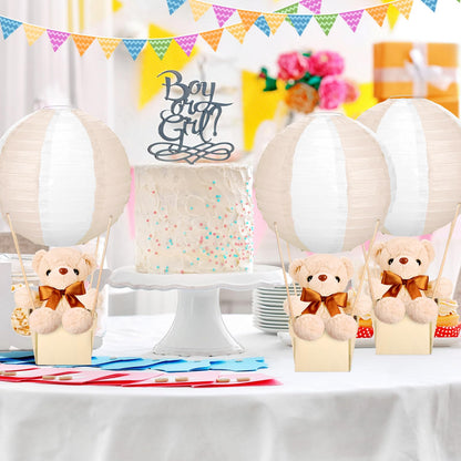 Baquler 12 Sets Baby Shower Hot Air Balloon Table Centerpieces DIY Paper Lanterns Stuffed Plush Bear Wooden Baskets for Wedding Birthday Gender Reveal (Beige White,Mixed Style)
