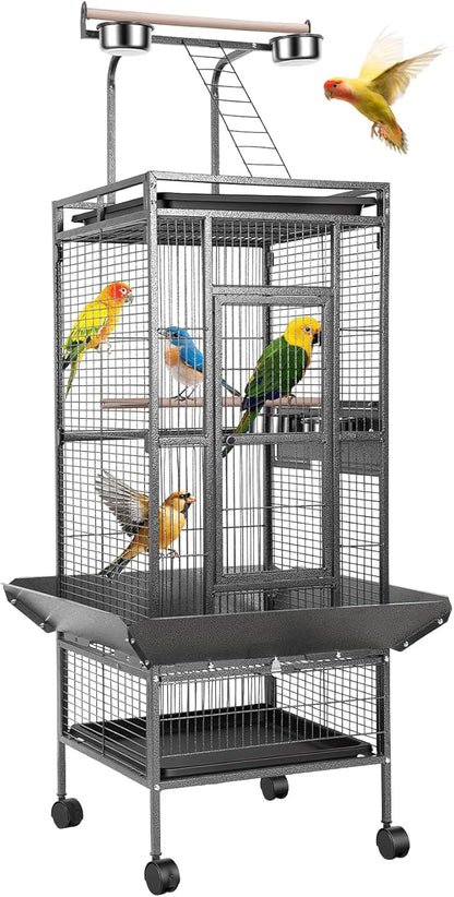 61" Large Parrot Cage with Rolling Stand, Wrought Iron Bird Cage for African Grey Macaw, Corner Design with Rooftop Play Area, Lockable Door & 360° Wheels, Heavy Duty Aviary Black