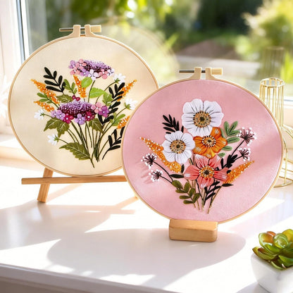 Herdiese 3PCS Embroidery Kit for Beginners with Floral Patterns – Cross Stitch Kits for Adults Including Hoop, Pre-Printed Fabrics, Threads, 9 Needles & Scissors – Easy Instructions