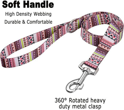 MarukoPet Dog Collar and Leash Set, Adjustable for Small Medium Large Dogs Puppy, Cute Design with Bohemia Floral Tribal Geometric Patterns Boys Girls Dog Collar(Pink Bohemia Set,S)