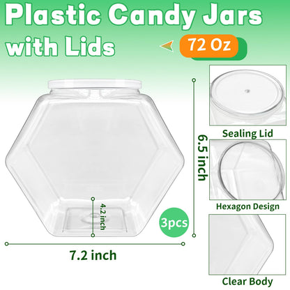 Blvochnnt 3 Pack Hexagon Plastic Candy Jars,72oz Clear Cookie Jar with Lid for Dry Food,Snacks,Candies,Cookies,Dog Treats,Laundry Pods,Coffee Pods,Craft Supplies
