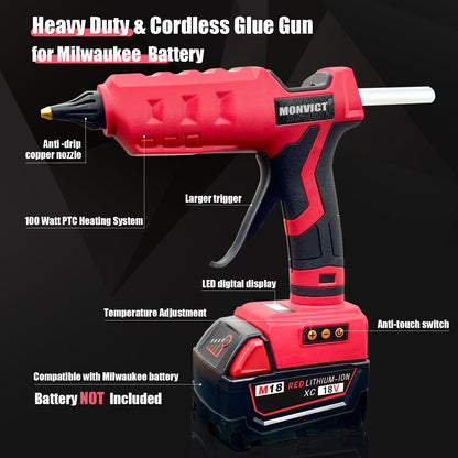 MONVICT 100W Cordless Glue Gun for Milwaukee 18V Battery, Upgraded Digital Temperature Adjustable Handheld Electric Power Full Size Heavy Duty Hot Glue Gun with 10 Glue Sticks (Tools only)