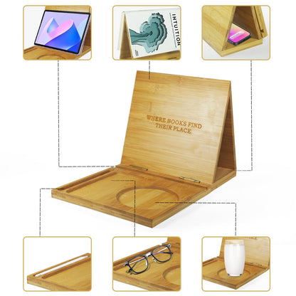 ZenRich Bamboo Wooden Book Stand Holder - Unique Book Nook Reading Valet with Cup, Glasses & Pen/Tablet/Kindle Holder. Foldable Bookmark - Ideal for Lovers