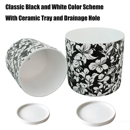 Ceramic Flowerpot Kit with Drainage Holes and Trays，5.9/4.9in Home Decor Planter for Indoor Potted Plants and Succulent Plants，2 Set of Black and White Plant Pot for Housewarming and Home Gifts