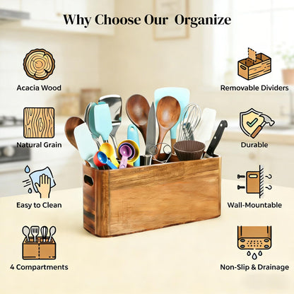 ZKMLMHJ Large Wooden Utensil Holder for Kitchen Countertop - 4 Compartment Acacia Wood Organizer & Utensil Caddy for Cooking Tools, Wall Mountable