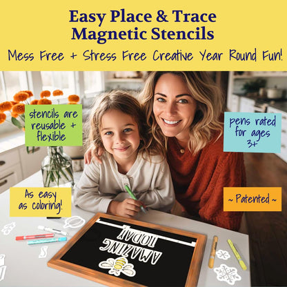 Magnetic Chalkboard Sign Kit - 12x17 Framed Hanging or Tabletop Chalk Board with Easel Stand, Acrylic Markers, Design & Letter Stencils for Chalkboard Art, Kitchen Countertop Menu (Rustic Wood)
