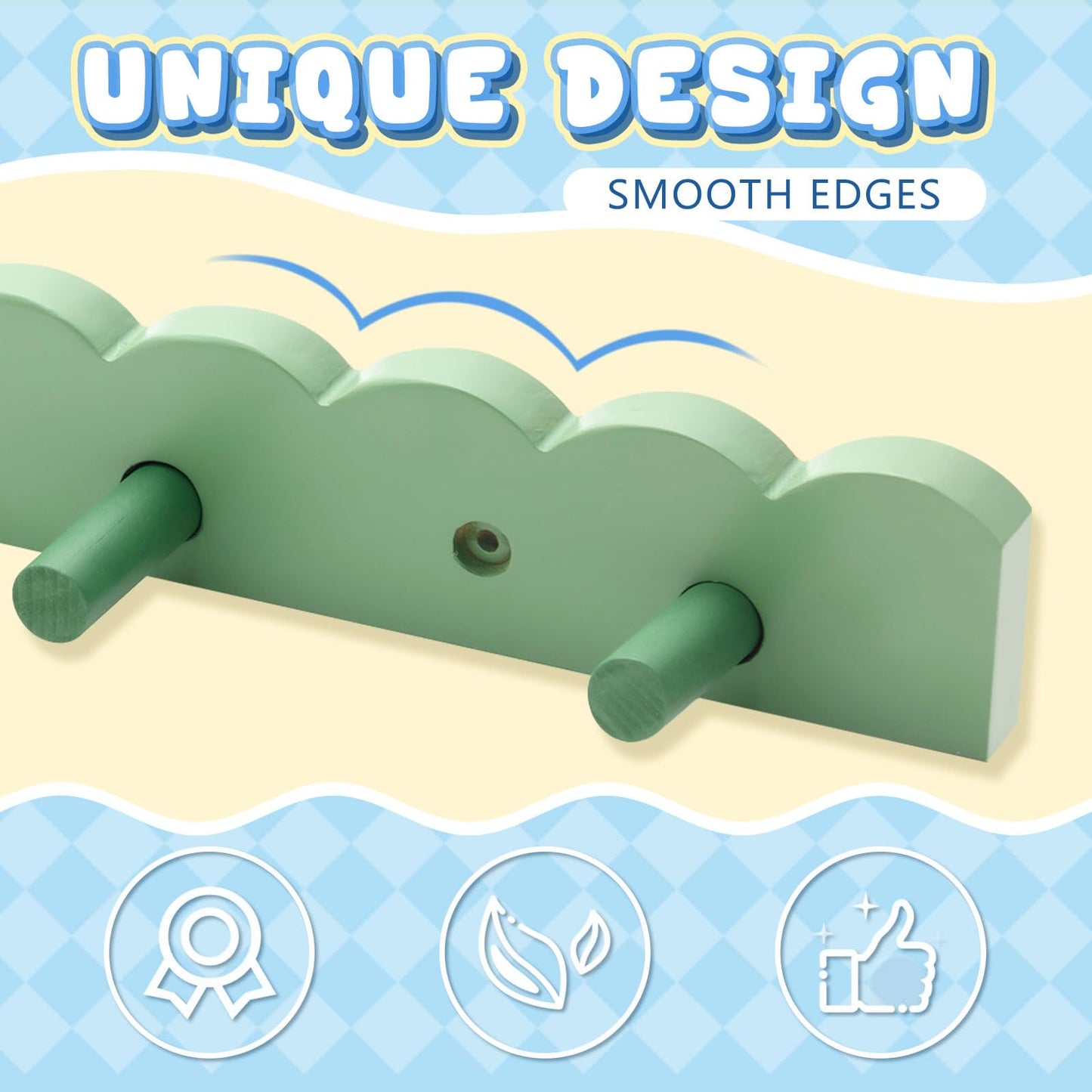 Leinuosen 2 Pack Scalloped Coat Rack Wall Mount Cute Nursery Wall Hook 16 Inch 8 Hooks Wooden Backpack Hanger for Toddler Kids Clothes Hat Towel Keys Bathroom Classroom Playroom Nursery Decor