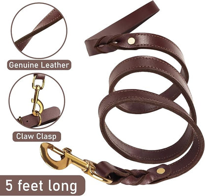 Heavy Duty Genuine Leather Dog Collar and Leash Set - 5ft Soft and Durable With Metal Buckle - Adjustable, Compatible for Small to Medium Dogs
