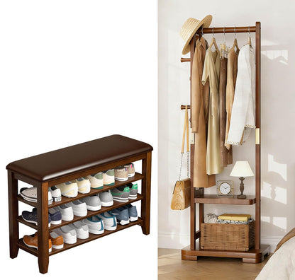 Taitiy Entryway Shoe Storage Bench with Leather Cushion + Solid Wood Clothes Rack with 2 Shelves