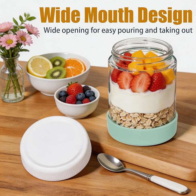 JohnBee 6-Pack 16 oz Glass Overnight Oats Containers with Airtight Lids and Silicone Sleeves - Wide Mouth Jars for Salad, Yogurt, pickles, Snacks, Spice & Sugar - Leakproof Glass Food Storage Jars